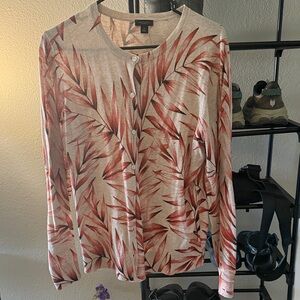 Ann Taylor Red Leaf Print Button Down sweater